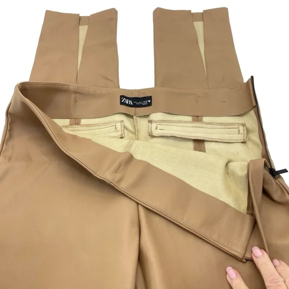 Zara Faux Leather Stretch Pants Large Camel - Picture 4 of 16